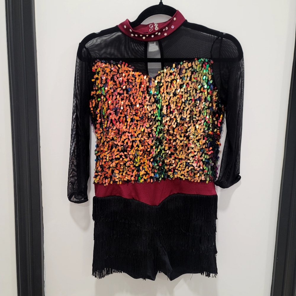 Weissman Sequin Jazz Leotard XXLC  Custom Jewel Neck Fringe Costume  Showstopper